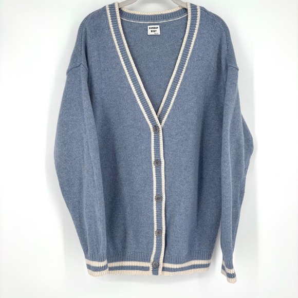 Aritzia Sunday Best Lamora Cardigan Sz M Blue Cream Striped Varsity Sweater Wool - Picture 2 of 12
